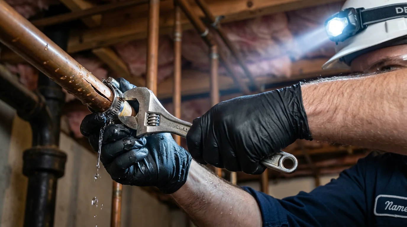 Emergency pipe clamp repair being performed by a Johns Plumbing LLC plumber in Noel