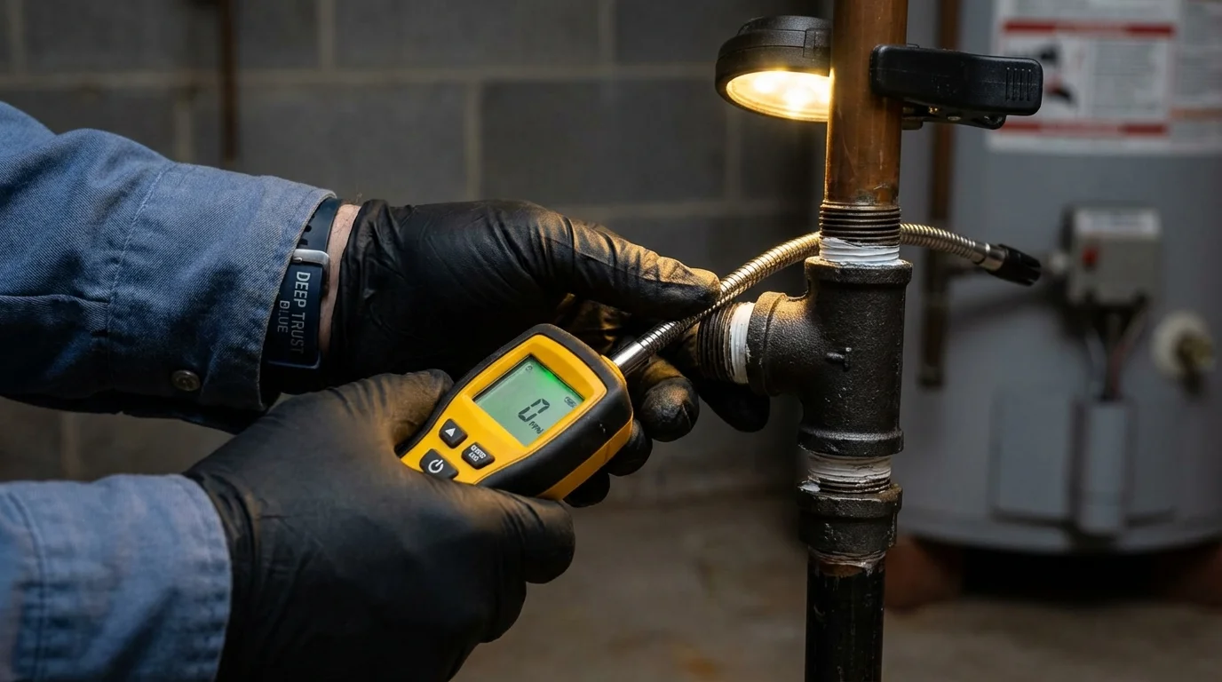 Gas leak detection with electronic sniffer by Johns Plumbing LLC in Noel