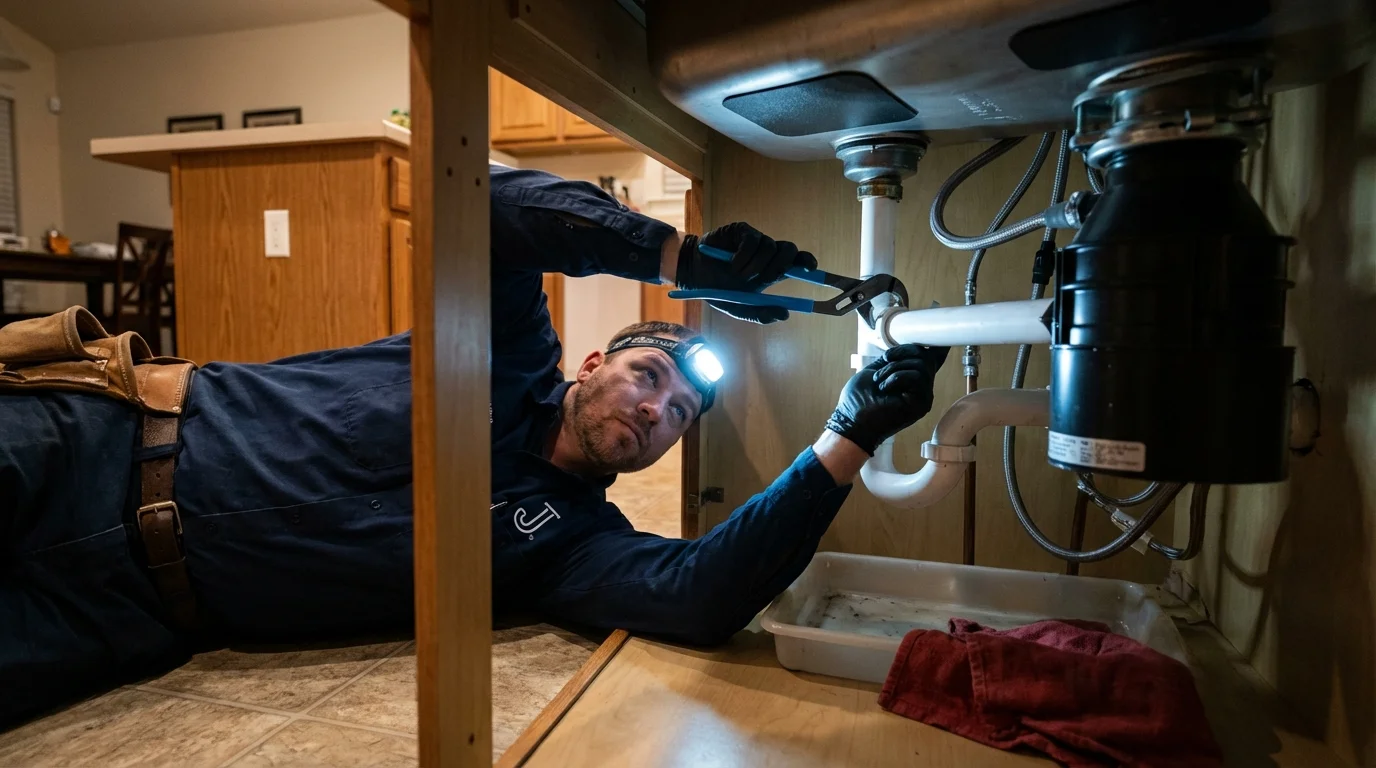 P-trap and supply line connections under a kitchen sink showing a common leak point in Noel, MO